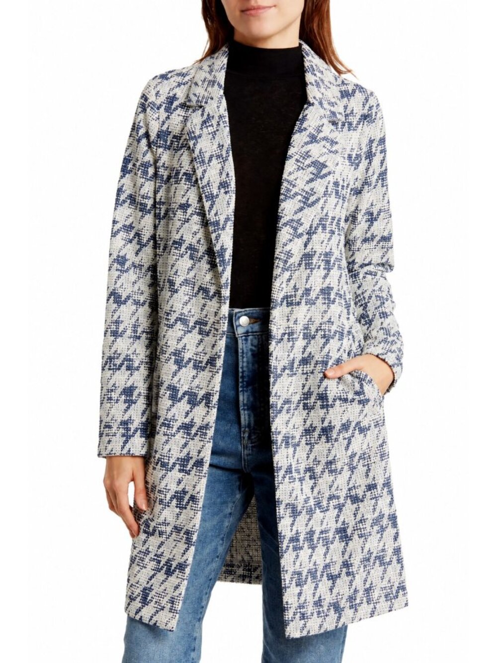 Nordstrom Melloday Houndstooth Cotton Long Jacket Duster Navy Blue Cream
